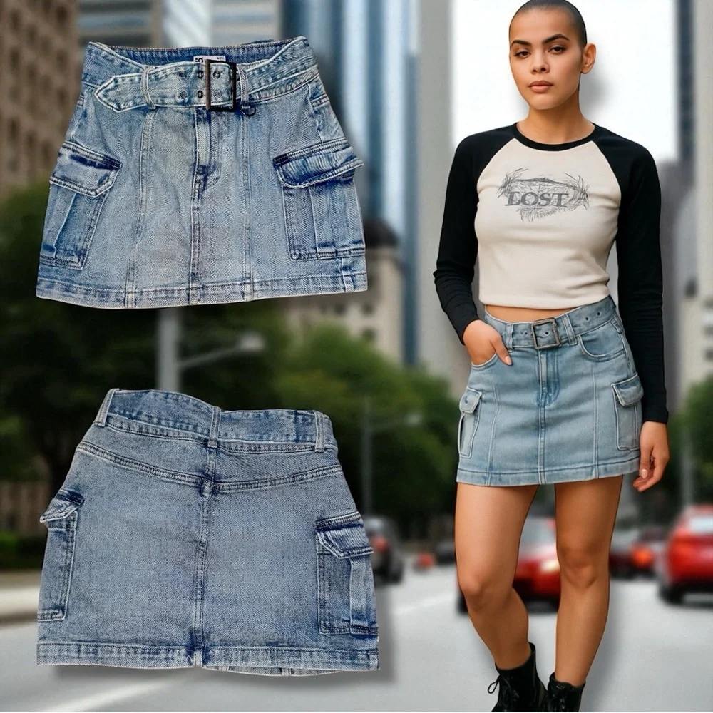 SO Y2K Skirt Denim Cargo Utility Mini Grunge Retro Alt Junior’s 5 Waist 27